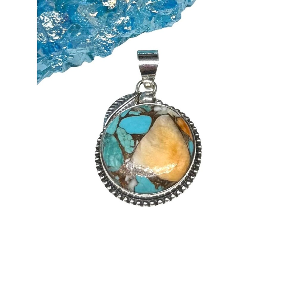 Spiny Oyster Turquoise Necklace Pendant Solid 925 Sterling Silver Southwest Leaf